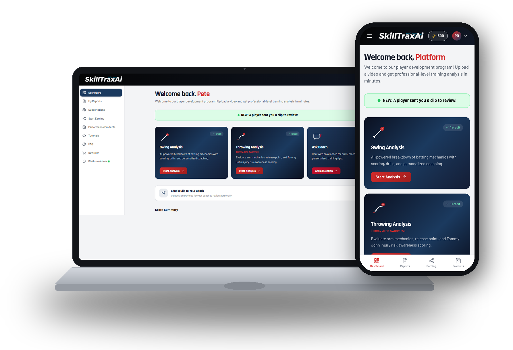 SkillTraxAI player dashboard on a laptop and phone
